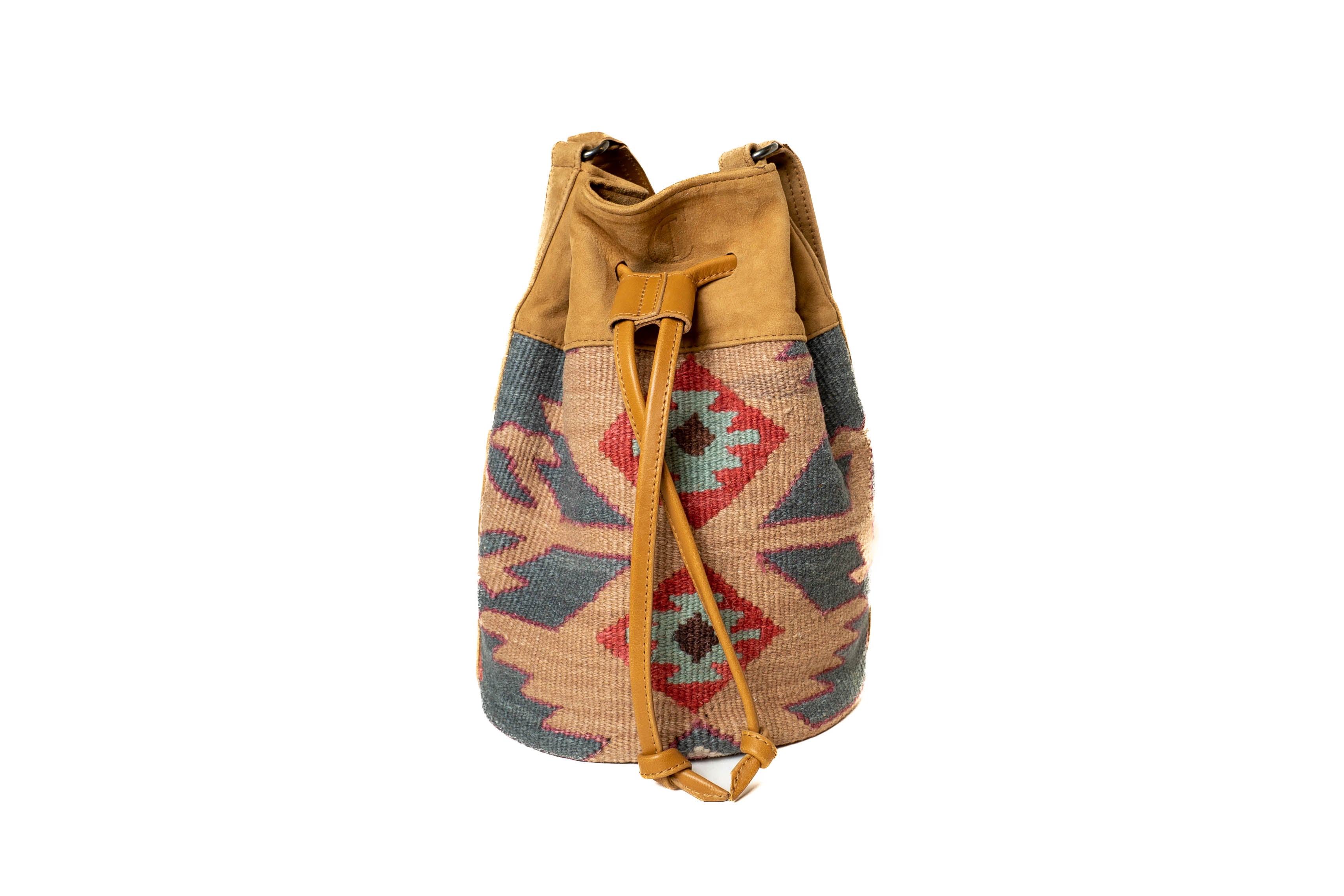 VINTAGE BOHO Kilim bucket bag deals leather trim